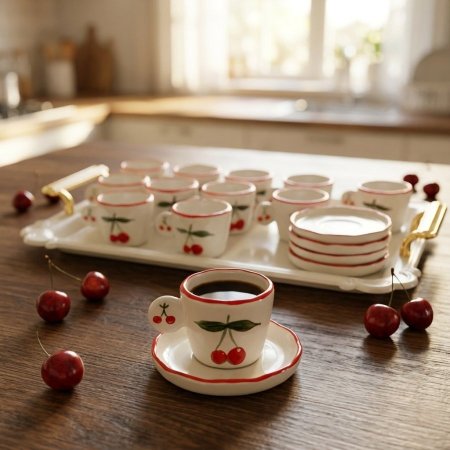 طقم فناجين قهوة بورسلان ابيض نقشة الكرزة