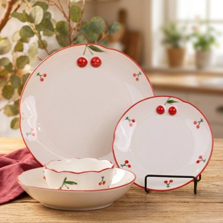 طقم صحون سفرة بورسلان ابيض بنقشة الكرزة 24 قطعة
