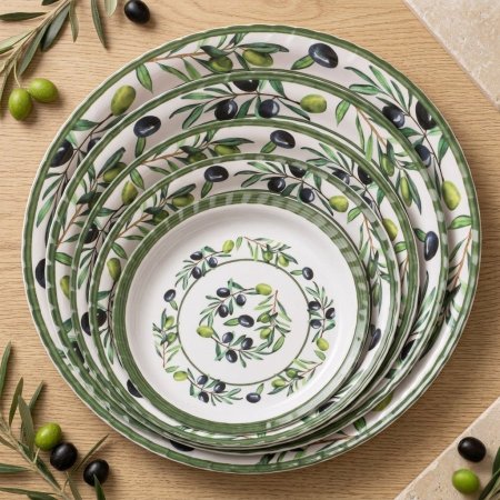 جاط ميلامين مدور ابيض بنقشة الزيتون