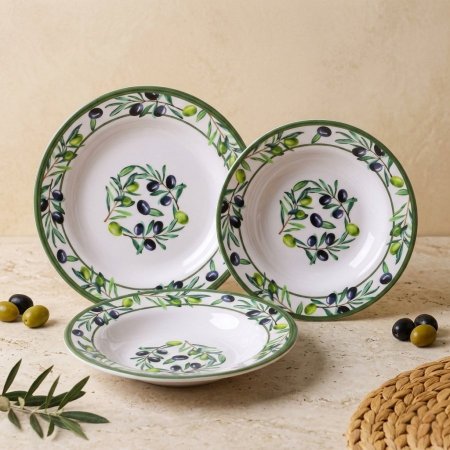 صحن ميلامين مدور ابيض نقشة الزيتون