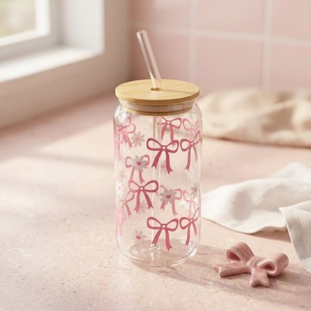 مج زجاجي مع غطاء خشبي ومصاصة زجاج بنقوش فيونكات وردية وزهور بيضاء