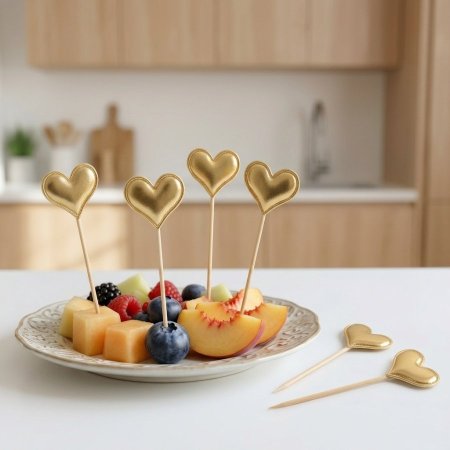 أعواد مقبلات خشبية بتصميم قلوب ذهبية لامعة