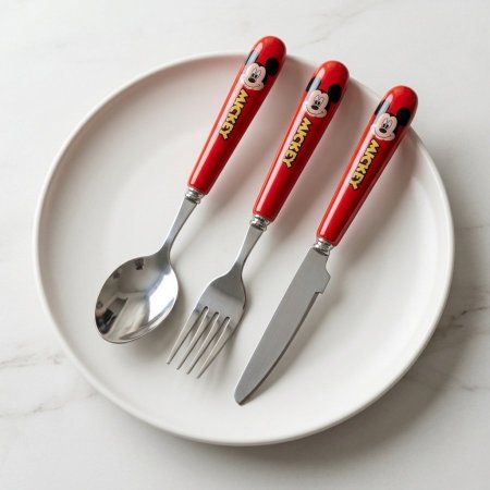 طقم أدوات مائدة ستانلس ستيل بتصميم ميكي ماوس باللون الأحمر