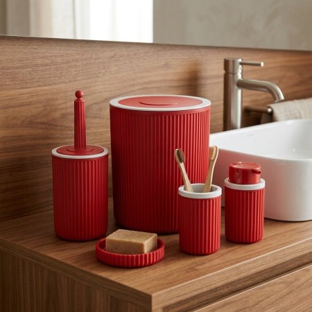 طقم حمام بلاستيك لون احمر بتصميم مضلع 5 قطع