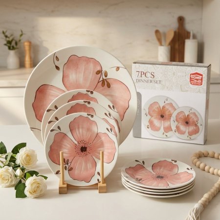 طقم صحون بورسلان ابيض بنقشة زهرة الربيع الوردية 7 قطع
