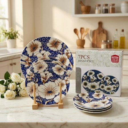 طقم صحون بورسلان ازرق بنقشة الأزهار البيضاء 7 قطع