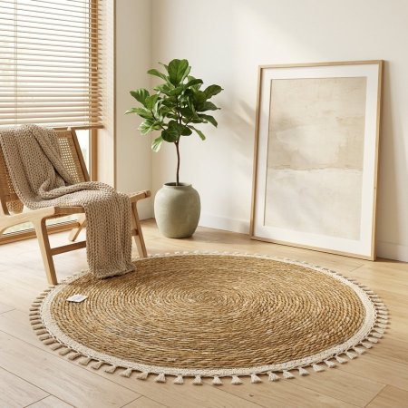 سجادة قش دائرية بنمط حلزوني مع حواف مزينة بشراشيب
