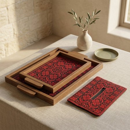 صواني تقديم خشبية وبكيت محارم قماشي من التطريز الفلسطيني باللونين الاحمر والاسود