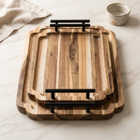 طقم صواني تقديم خشبية مستطيلة بنمط ريفي مع مقابض معدنية سوداء