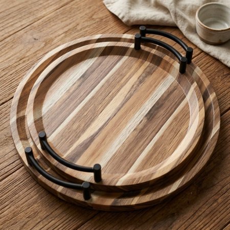 طقم صواني تقديم خشبية دائرية بنمط ريفي مع مقابض معدنية سوداء