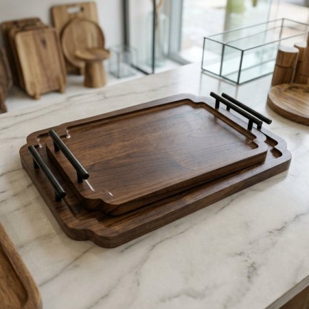 طقم صواني تقديم خشبية مستطيلة بحواف محفورة مع مقابض معدنية سوداء