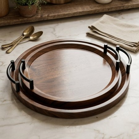 طقم صواني تقديم خشبية دائرية مع مقابض معدنية سوداء