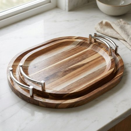طقم صواني تقديم خشبية بيضاوية بمقابض ستانلس ستيل