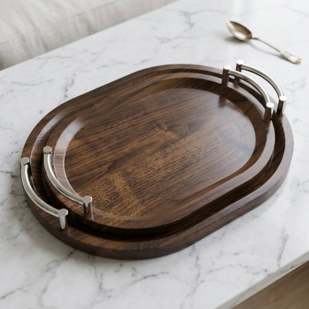 طقم صواني تقديم خشبية بيضاوية بمقابض ستانلس ستيل