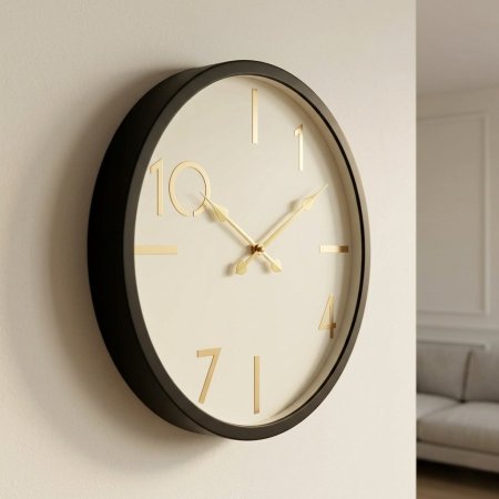 ساعة حائط دائرية كبيرة بأرقام ذهبية وإطار أسود