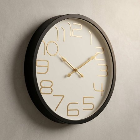 ساعة حائط دائرية كبيرة بأرقام ذهبية بارزة وإطار أسود