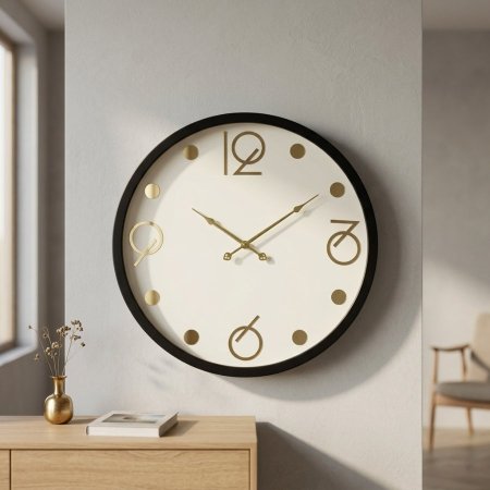 ساعة حائط دائرية كبيرة بإطار أسود وتفاصيل ذهبية مفرغة