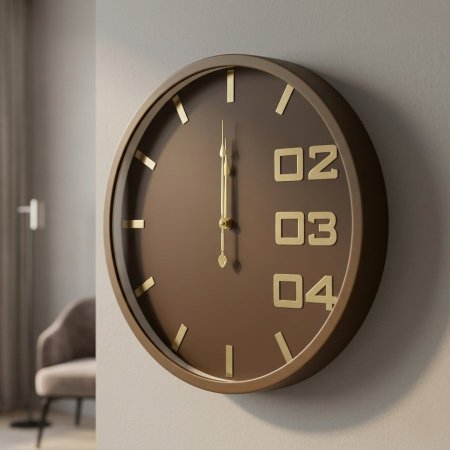 ساعة حائط دائرية كبيرة بأرقام جانبية ذهبية وإطار بني