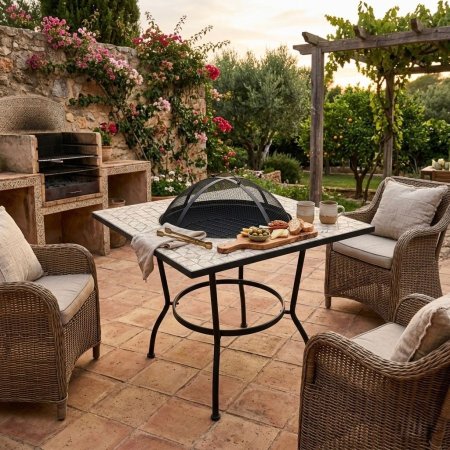 طاولة كانون شواء بسطح حجري مربع