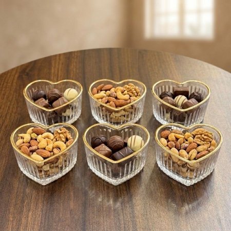 طقم صحون تقديم زجاج شكل قلب بحافة ذهبية