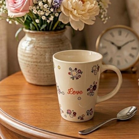 مج سيراميك ابيض بنقوش زهور ملونة