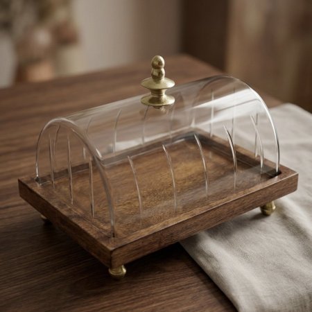 مضيفة مستطيل بقاعدة من الخشب الهندي وغطاء زجاجي شفاف