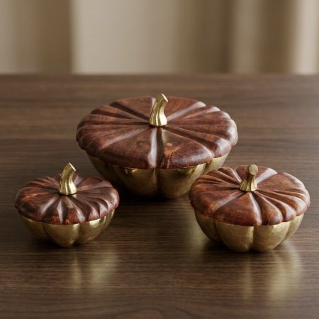 طقم مضايف خشب هندي على شكل يقطين ٣ قطع