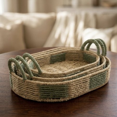 طقم صواني قش بيضاوية الشكل لون بيج وأخضر