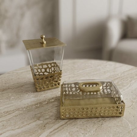 طقم سلة مهملات وعلبة محارم زجاج مع غطاء وقاعدة نحاسية مفرغة