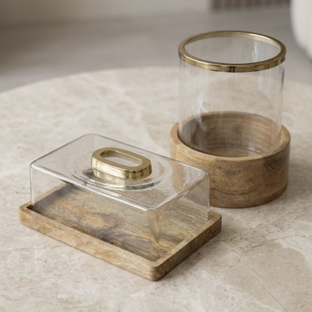 طقم سلة مهملات وعلبة محارم زجاج بقاعدة خشب هندي