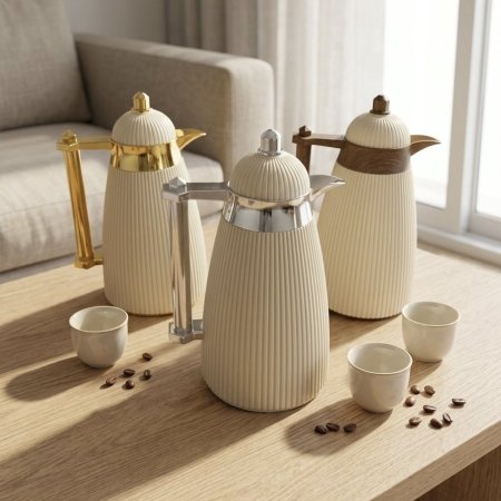 تيرموس قهوة بلاستيك بلون بيج مخطط