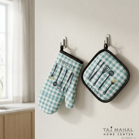 طقم قفازات مطبخ عازلة للحرارة بتصميم كروهات مع رسومات أدوات مطبخ