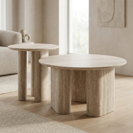 طاولات وسط بتصميم عصري بسطح خشب حجري وقواعد أسطوانية