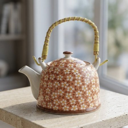 إبريق شاي سيراميك برتقالي بنقوش زهور بيضاء مع مصفاة داخلية ويد خشب