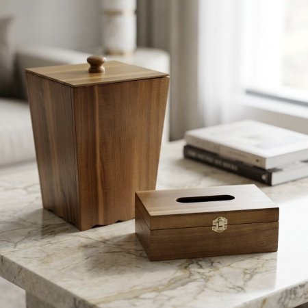 طقم سلة مهملات وعلبة محارم من الخشب الثقيل