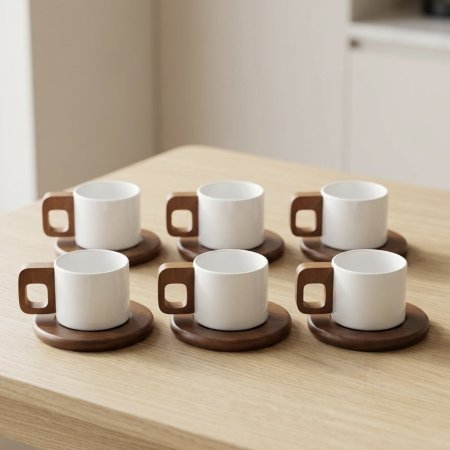 طقم فناجين قهوة بورسلان بيد خشبية وصحون خشبية