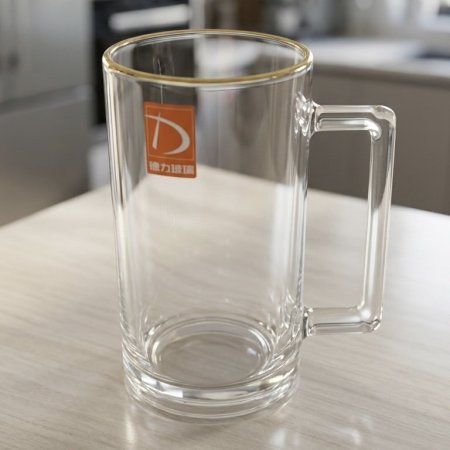 مج زجاج كبير بيد مربعة وحز ذهبي