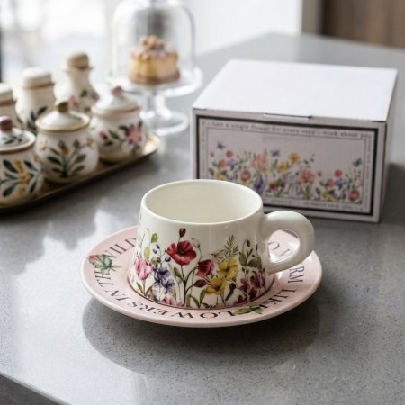 مج سيراميك مع صحن وردي بنقوش زهور ملونة