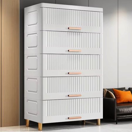 خزانة تنظيم بلاستيكية بـ 5 أدراج بلون أبيض ومقابض ذهبية