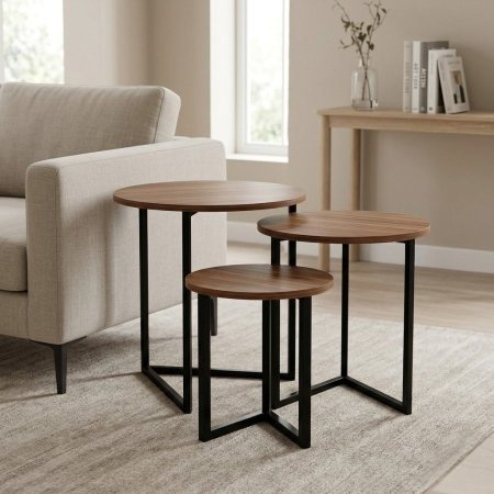 طقم طاولات وسط خشبية دائرية متداخلة من 3 قطع بإطار معدني أسود