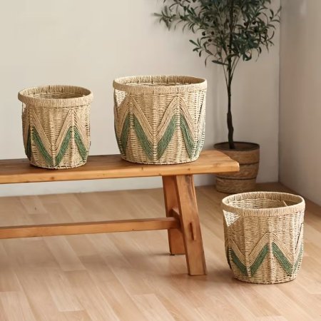 طقم سلال تخزين قش متداخل مع اللون الاخضر