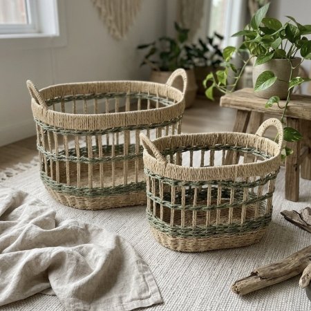 طقم سلال قش بيضاوية متعددة الاستخدامات بلون بيج واخضر