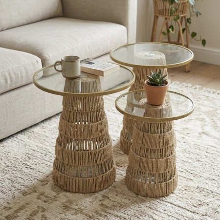 طقم طاولات وسط بقاعدة من القش المجدول وإطار معدني ذهبي مع سطح زجاجي