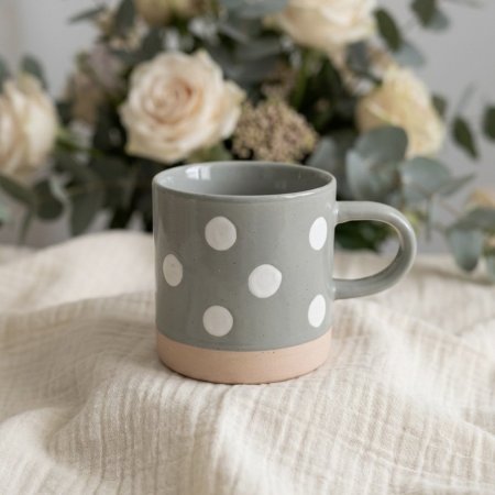 مج بورسلان بلون رمادي مخضر مع نقاط بيضاء كبيرة وقاعدة بلون وردي فاتح