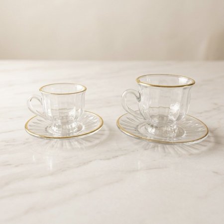طقم فناجين شاي وقهوة زجاجي منقش مع حافة ذهبية ١٢ قطعة