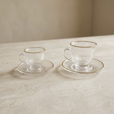 طقم فناجين شاي وقهوة زجاجي شفاف مخطط مع حافة ذهبية ١٢ قطعة