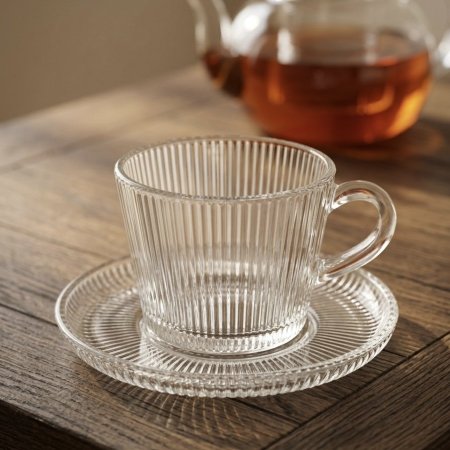 طقم فناجين قهوة زجاجي شفاف مخطط مع صحن ١٢ قطعة