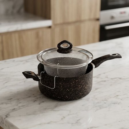 قلاية جرانيت مقاس 24 سم مع مصفاة وغطاء زجاجي