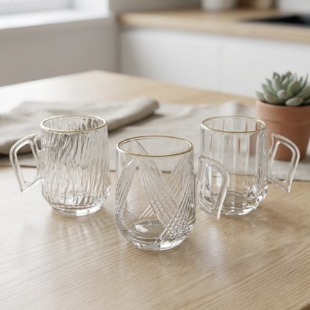 طقم فناجين قهوة وشاي زجاجي شفاف بنقوش بارزة وحافة ذهبية ١٢ قطعة