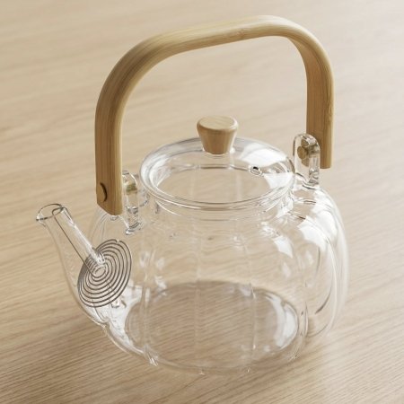 إبريق شاي زجاجي حراري بيد خشب مع فلتر لولبي ستانلس